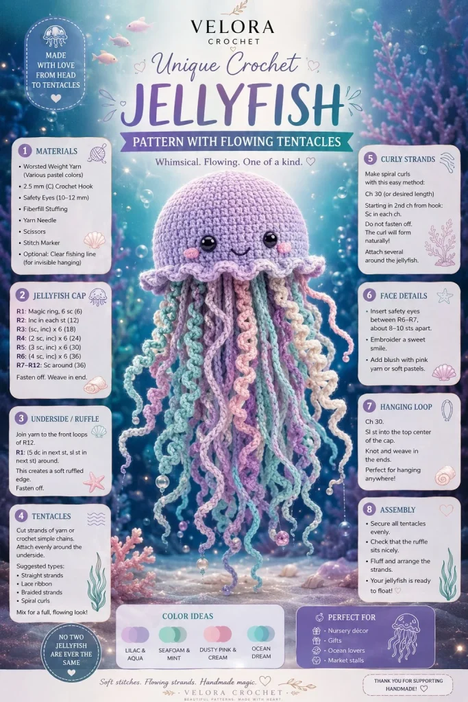 Crochet jellyfish pattern tutorial with flowing tentacles for beginners