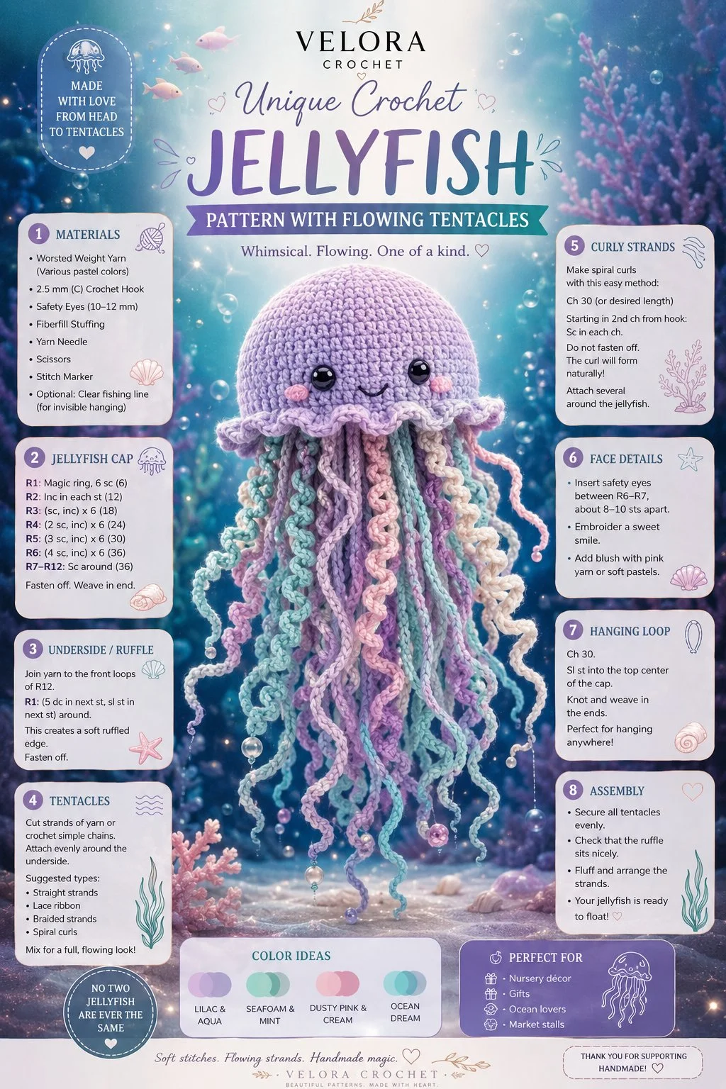 Crochet jellyfish pattern tutorial with flowing tentacles for beginners