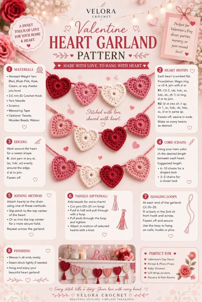 Valentine crochet heart garland pattern featuring colorful hearts and festive decor.