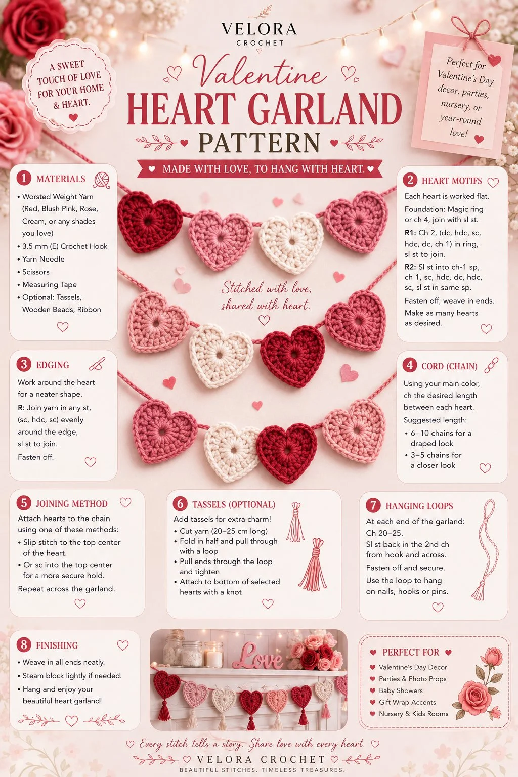 Valentine crochet heart garland pattern featuring colorful hearts and festive decor.