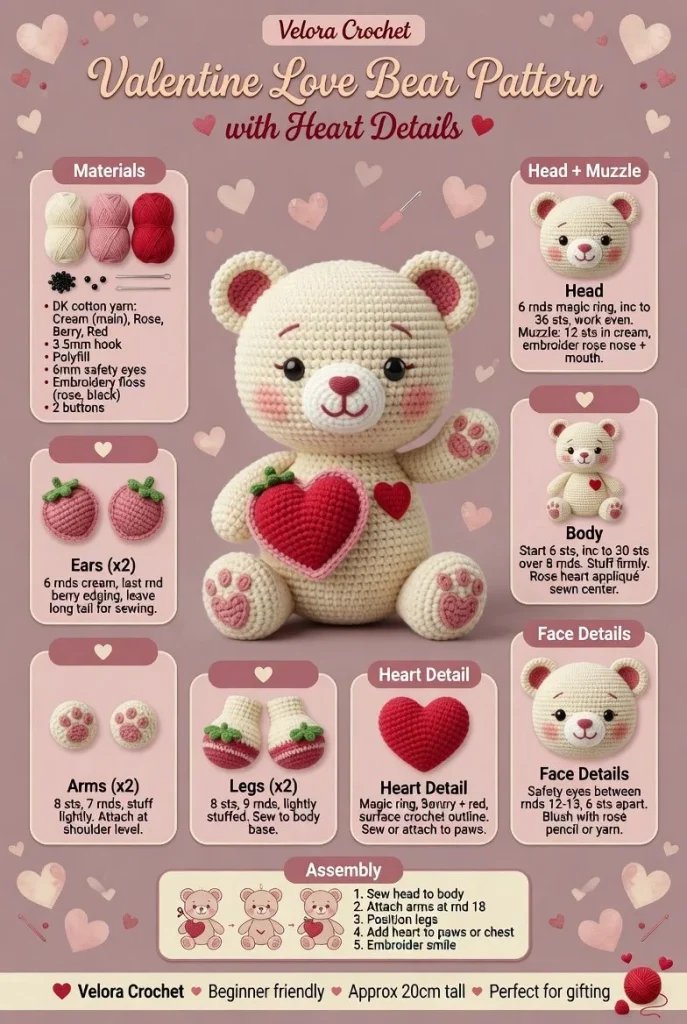 Valentine Crochet Love Bear pattern with heart details
