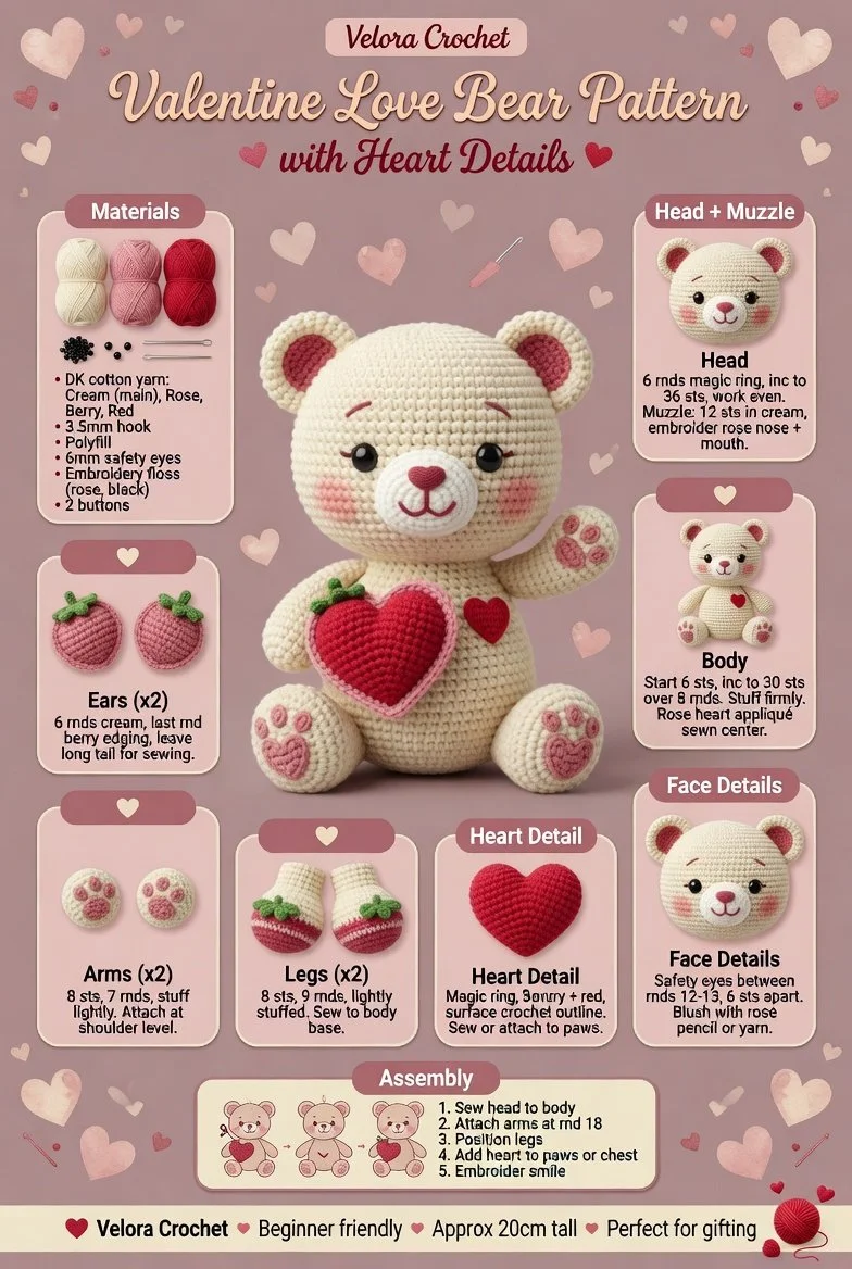 Valentine Crochet Love Bear pattern with heart details
