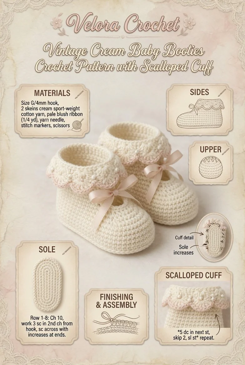 Crocheted vintage cream baby booties with scalloped cuff pattern