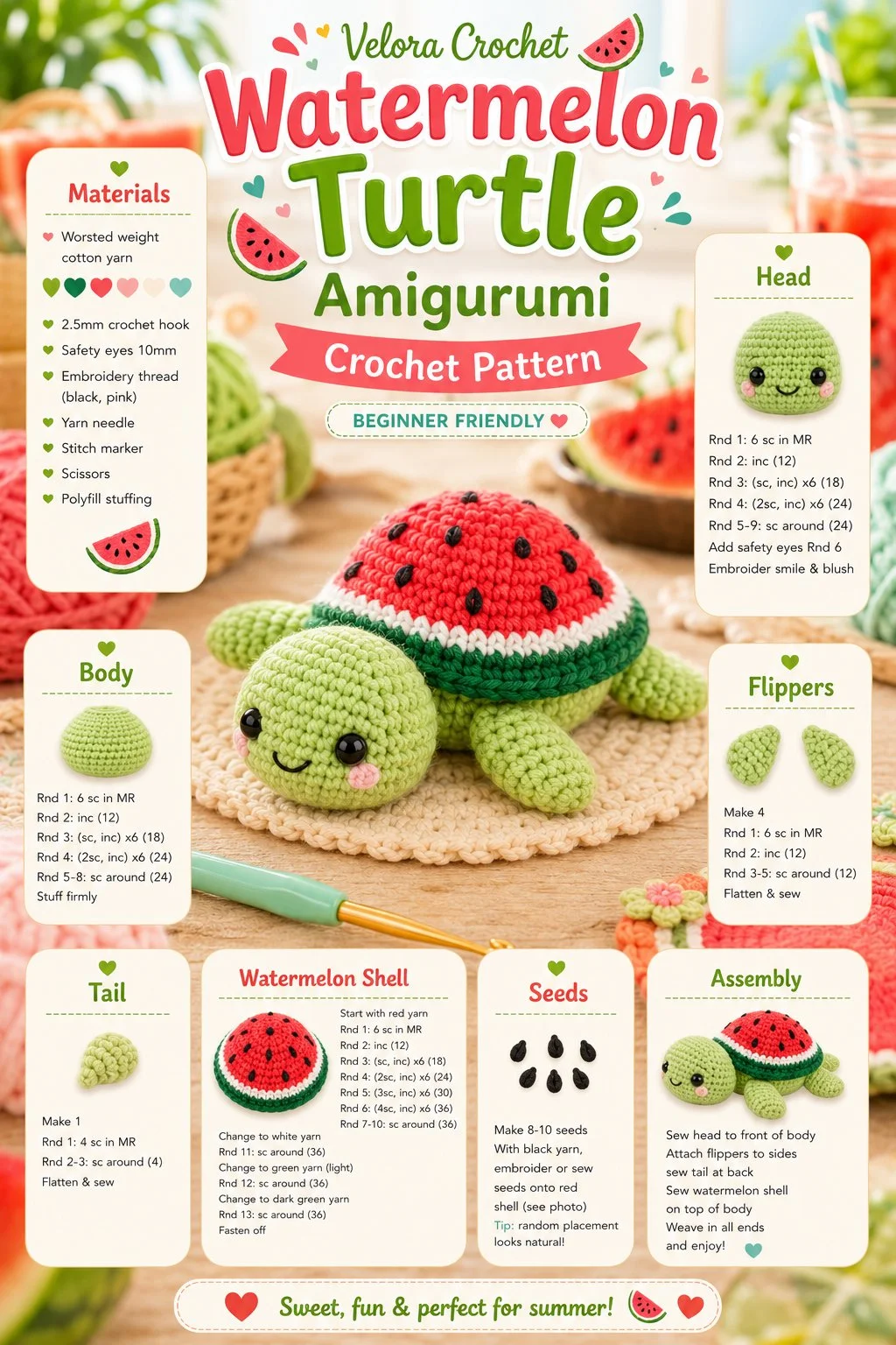 Crochet pattern of a cute watermelon turtle amigurumi.