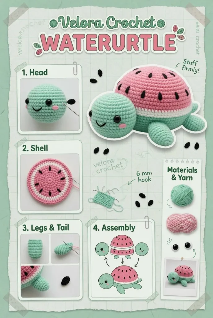 Watermelon Turtle plush crocheted toy pattern with seed details for beginners