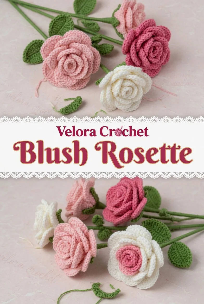 Wineglass Rose crochet flower pattern with leaves and buds for beginners