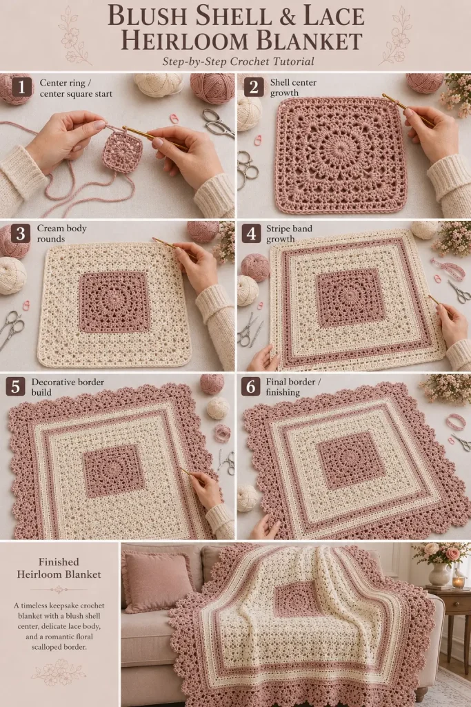 Blush Shell & Lace Heirloom Crochet Blanket Pattern