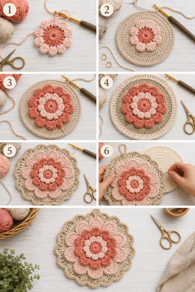 Farmhouse Bloom Round Trivet Crochet Pattern