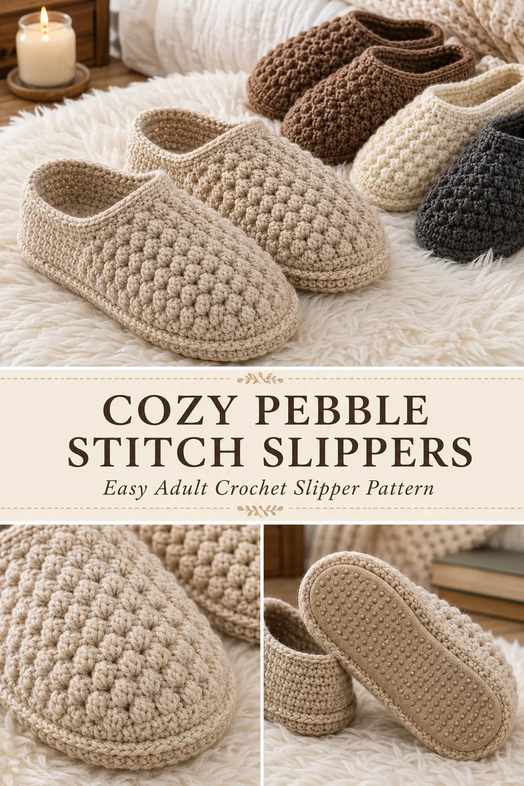 Cozy Pebble Stitch Adult Crochet Slippers Pattern
