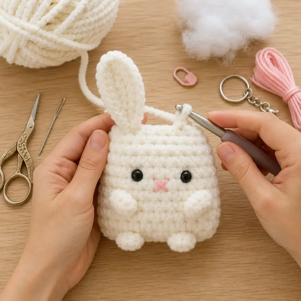 15-Minute No-Sew Pocket Bunny Keychain Crochet Pattern