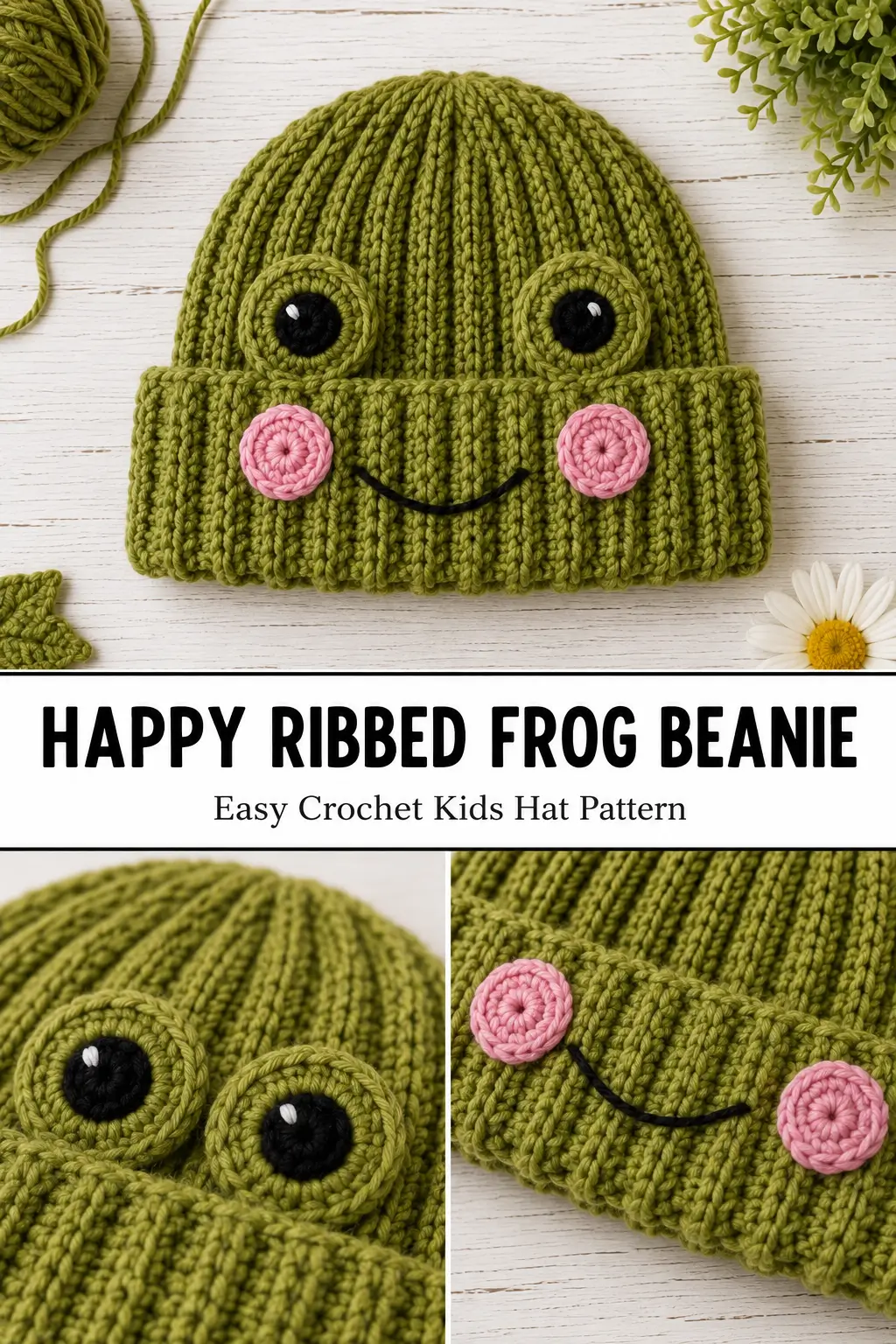 Happy Ribbed Frog Beanie Crochet Pattern