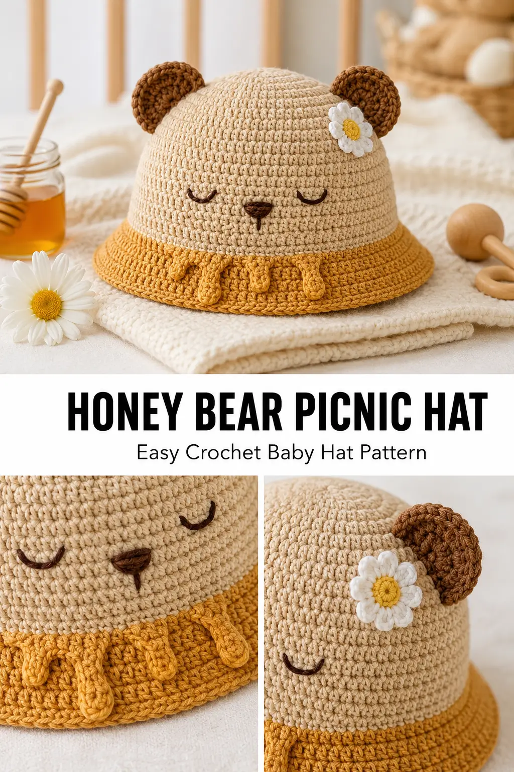 Honey Bear Picnic Hat Crochet Pattern – Cute Baby Bear Hat