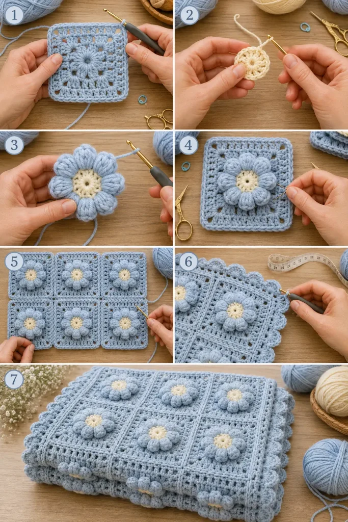 Puffy Blossom Crochet Throw Blanket Pattern