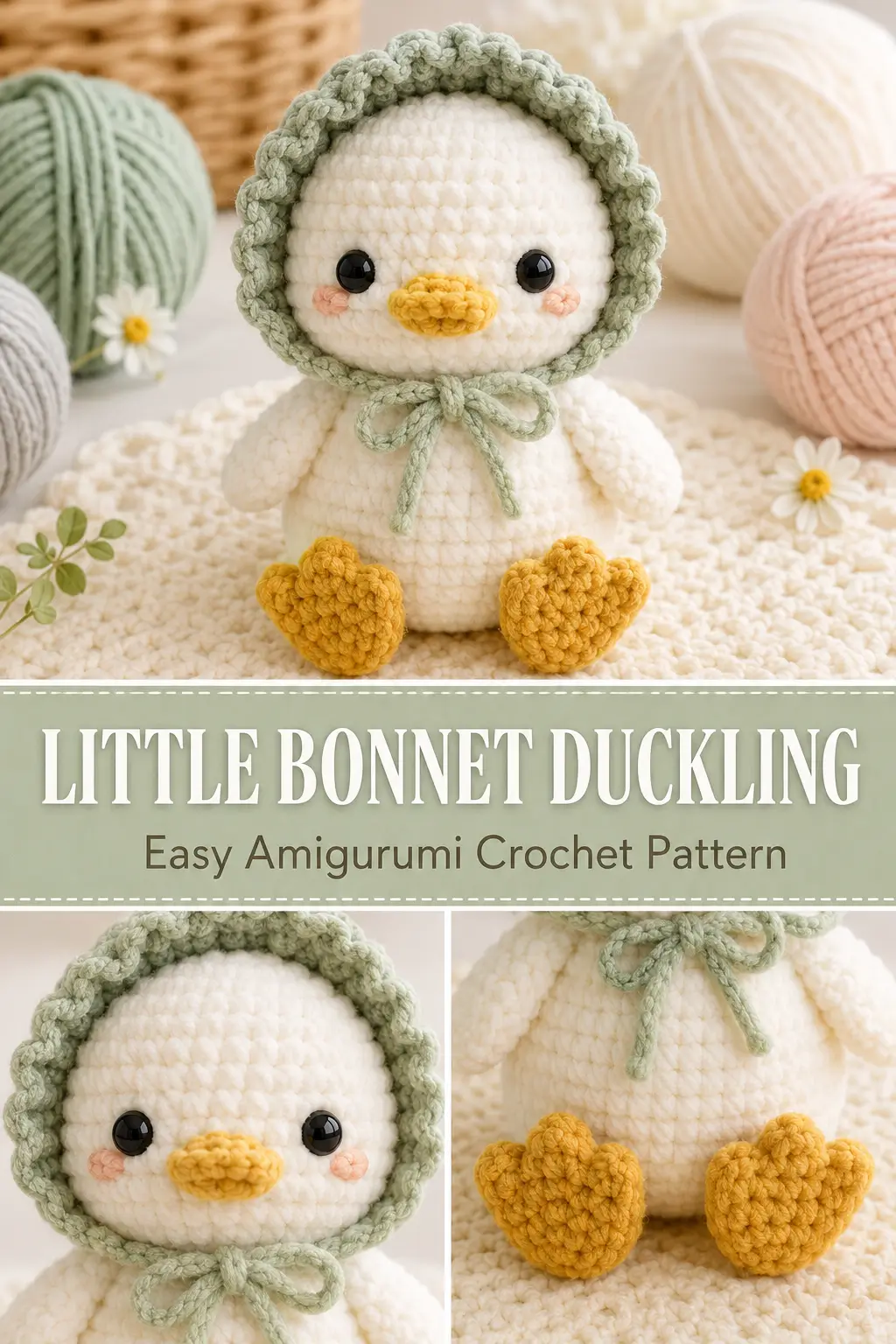 # Little Bonnet Duckling Amigurumi Crochet Pattern ## Introduction A tiny crochet duckling has such a soft, nostalgic feeling. It feels sweet, gentle, and handmade in the best way, especially when it has a little bonnet, round body, tiny wings, and chunky feet. This **Little Bonnet Duckling Amigurumi** is an original pattern inspired by the cozy baby-bird plush style, but the design is made unique with its own shape, stitch counts, construction, colors, and details. Instead of copying the Etsy pattern, this version creates a new duckling character with a soft round body, small curved wings, golden feet, a flat beak, and a removable-style crochet bonnet sewn safely in place. The finished plush is cute for nursery decor, handmade gifts, spring markets, Easter baskets, baby shower displays, or a soft amigurumi collection. ## Description This amigurumi duckling has a chubby white body, rounded head, small black eyes, a golden yellow beak, two little side wings, and chunky webbed feet. The special detail is the soft sage green bonnet that frames the duckling’s face and ties under the chin with simple crochet strings. The body is worked in simple amigurumi rounds, while the wings, beak, feet, and bonnet are made separately and sewn on. The finished shape is soft, beginner-friendly, and realistic to build with plush chenille yarn. This easy crochet pattern is best for confident beginners who already know single crochet, increases, decreases, and basic sewing. ## Materials * Super bulky chenille yarn in warm white for the duckling body, head, and wings * Super bulky chenille yarn in golden yellow for the beak and feet * Super bulky chenille yarn in soft sage green for the bonnet * Small amount of black yarn for embroidered eyes, or 10–12 mm safety eyes * 6 mm crochet hook * Yarn needle * Stitch marker * Scissors * Polyester fiberfill * Pins for assembly ## Finished Size Approximate finished size using super bulky chenille yarn: * Height: 7–8 inches * Width across body: 5–6 inches * Foot-to-foot width: about 4.5 inches Finished size may vary depending on yarn, hook size, stuffing, and tension. ## Gauge Gauge is not critical for this plush, but your stitches should be tight enough to hold stuffing. If stuffing shows through, use a smaller hook. ## Abbreviations * MR: magic ring * ch: chain * sc: single crochet * hdc: half double crochet * dc: double crochet * inc: increase, 2 sc in the same stitch * dec: invisible decrease * sl st: slip stitch * st: stitch * sts: stitches * FO: fasten off ## Pattern Notes The head and body are worked separately and sewn together. The bonnet is sewn lightly around the back of the head so it stays secure. The beak, wings, and feet are made separately and attached at the end. Stuff the body firmly enough to hold shape, but do not overstuff. For a child-safe version, embroider the eyes instead of using plastic safety eyes. ## Step-by-Step Instructions ## Head Use warm white yarn and a 6 mm hook. ### Round 1 Make a MR and work 6 sc into the ring. (6) ### Round 2 Inc in each st around. (12) ### Round 3 Repeat around: sc in next st, inc in next st. (18) ### Round 4 Repeat around: sc in next 2 sts, inc in next st. (24) ### Rounds 5–8 Sc in each st around. (24) If using safety eyes, place them between Rounds 6 and 7, about 5 stitches apart. ### Round 9 Repeat around: sc in next 2 sts, dec. (18) Begin stuffing the head. ### Round 10 Repeat around: sc in next st, dec. (12) FO, leaving a long tail for sewing. Do not close the opening completely. This helps when sewing the head to the body. ## Body Use warm white yarn. ### Round 1 Make a MR and work 6 sc into the ring. (6) ### Round 2 Inc in each st around. (12) ### Round 3 Repeat around: sc in next st, inc in next st. (18) ### Round 4 Repeat around: sc in next 2 sts, inc in next st. (24) ### Round 5 Repeat around: sc in next 3 sts, inc in next st. (30) ### Rounds 6–10 Sc in each st around. (30) ### Round 11 Repeat around: sc in next 3 sts, dec. (24) ### Round 12 Sc in each st around. (24) ### Round 13 Repeat around: sc in next 2 sts, dec. (18) Begin stuffing the body. Shape it into a soft rounded oval. ### Round 14 Repeat around: sc in next st, dec. (12) Add more stuffing if needed. ### Round 15 Dec around. (6) FO and close the opening. Gently press the bottom so the duckling can sit upright. ## Beak Use golden yellow yarn. ### Row 1 Ch 6. Sc in the 2nd ch from hook. Hdc in next 3 ch. Sc in last ch. (5) Ch 1, turn. ### Row 2 Sc in first st. Hdc in next 3 sts. Sc in last st. (5) FO, leaving a long tail for sewing. Fold the beak slightly so it has a soft oval shape. ## Wings Make 2 using warm white yarn. ### Round 1 Make a MR and work 6 sc into the ring. (6) ### Round 2 Repeat around: sc in next st, inc in next st. (9) ### Round 3 Repeat around: sc in next 2 sts, inc in next st. (12) ### Rounds 4–5 Sc in each st around. (12) Flatten the wing. Sc through both layers across the opening. (6) FO, leaving a long tail for sewing. Do not stuff the wings. ## Feet Make 2 using golden yellow yarn. ### Round 1 Make a MR and work 6 sc into the ring. (6) ### Round 2 Inc in each st around. (12) ### Round 3 Sc in each st around. (12) Flatten the foot. Sc through both layers across the opening. (6) Do not fasten off yet. ### Toe Detail Ch 1. Working along the flattened edge, repeat 3 times: Sl st in next st, ch 2, sl st in same st. FO, leaving a long tail for sewing. This creates a soft webbed-toe look. ## Bonnet Use soft sage green yarn. The bonnet is worked as a half-round hood that frames the duckling’s face. ### Row 1 Make a MR. Ch 2. Work 8 dc into the ring. Pull ring closed. Ch 2, turn. (8) ### Row 2 Work 2 dc in each st across. Ch 2, turn. (16) ### Row 3 Repeat across: dc in next st, 2 dc in next st. Ch 1, turn. (24) ### Row 4 Sc in each st across. Ch 1, turn. (24) ### Row 5: Soft Bonnet Edge Sc in first st. Repeat across: skip next st, 4 dc in next st, skip next st, sc in next st. FO, leaving a long tail for sewing. The bonnet should curve around the back and sides of the head. ## Bonnet Ties Make 2 using soft sage green yarn. Join yarn to one lower front corner of the bonnet. Ch 22. Sl st in the 2nd ch from hook and in each ch back to the bonnet. FO and weave in the end. Repeat on the other lower front corner. Tie the two strings into a soft bow after assembly, or stitch the bow in place for safety. ## Face If you did not use safety eyes, embroider two small black oval eyes between Rounds 6 and 7 of the head. Place the beak centered between the eyes, slightly lower. Sew the beak securely across the front of the face. Optional: Add tiny peach cheek stitches beside the beak. ## Assembly Sew the head to the top of the body. Pin it first to make sure the duckling looks balanced. Sew around the neck opening several times until secure. Place the bonnet around the back of the head, framing the face. Sew the bonnet lightly along the back and side edges so it stays in place. Keep the front edge visible around the face. Tie the bonnet strings under the chin, then tack the bow with a few stitches if making this for a child. Sew one wing to each side of the body around Rounds 7–10. Sew the feet to the front bottom of the body, slightly angled outward. Weave in all ends securely. ## Finishing Check that the head, bonnet, wings, beak, and feet are firmly attached. Shape the body and head gently with your hands. Adjust the bonnet so it frames the face evenly. Trim any visible yarn tails. Do not brush chenille yarn too hard because it can shed. ## Tips & Variations Use white and sage for a soft classic duckling. Use cream and dusty blue for a winter nursery version. Use pale yellow for the duckling body and ivory for the bonnet for a warmer spring look. Use blush pink for the bonnet if you want a sweeter baby gift style. For a goose-inspired version, make the neck slightly longer by adding 2 extra rounds to the head base before sewing. For a simpler beginner version, skip the bonnet ties and sew the bonnet directly to the head. For a child-safe plush, embroider the eyes and stitch the bow securely in place. ## FAQ ### Is this duckling amigurumi beginner-friendly? Yes, this pattern is beginner-friendly for crocheters who know basic amigurumi rounds, increases, decreases, and simple sewing. ### Is this copied from the Etsy pattern? No. This is a new original duckling design with different stitch counts, construction, bonnet shape, and finishing details. ### What yarn works best? Super bulky chenille yarn gives the softest plush result. You can also use worsted weight yarn with a smaller hook for a smaller duckling. ### Can I make the bonnet removable? For display plushies, yes. For children, it is safer to sew the bonnet and bow securely in place. ### Can I make this without safety eyes? Yes. Embroidered eyes are recommended for young children and baby-safe gifts. ## Conclusion The Little Bonnet Duckling Amigurumi is soft, sweet, and full of handmade charm. With its rounded body, tiny wings, golden feet, simple beak, and cozy crochet bonnet, it feels perfect for spring gifting, nursery decor, Easter baskets, or plush collections. Make it in white and sage for a gentle classic look, or try soft pastel colors to create your own little flock of handmade ducklings.