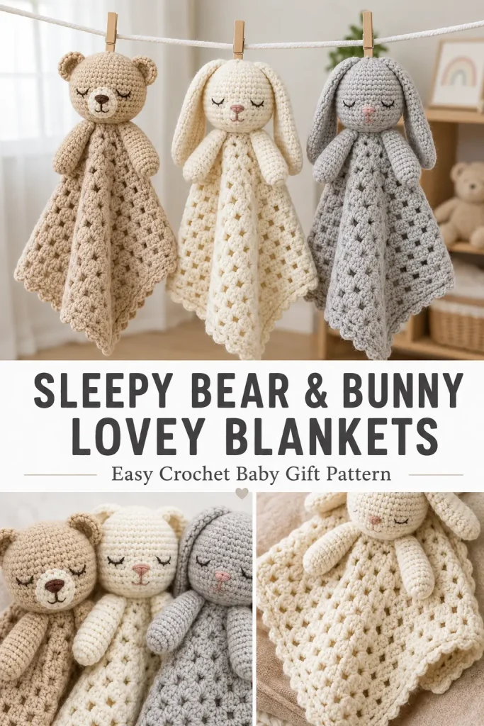 Sleepy Bear and Bunny Lovey Blanket Crochet Pattern