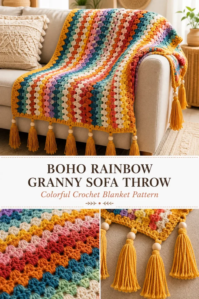 Boho Rainbow Granny Stitch Sofa Throw Crochet Pattern