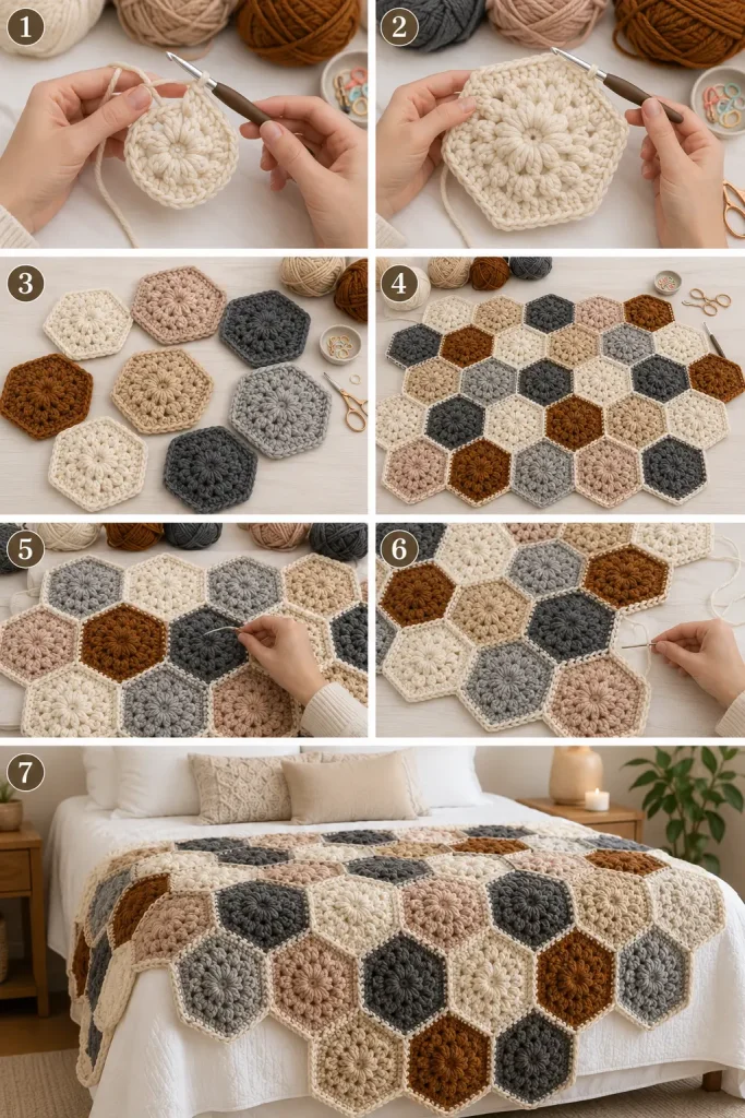 Chunky Patchwork Hexagon Crochet Blanket Pattern