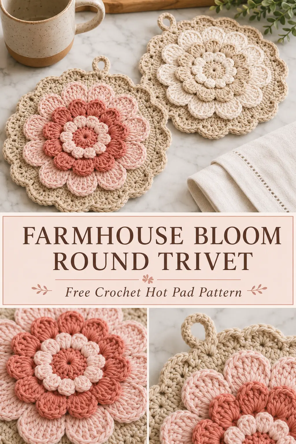 Farmhouse Bloom Round Trivet Crochet Pattern