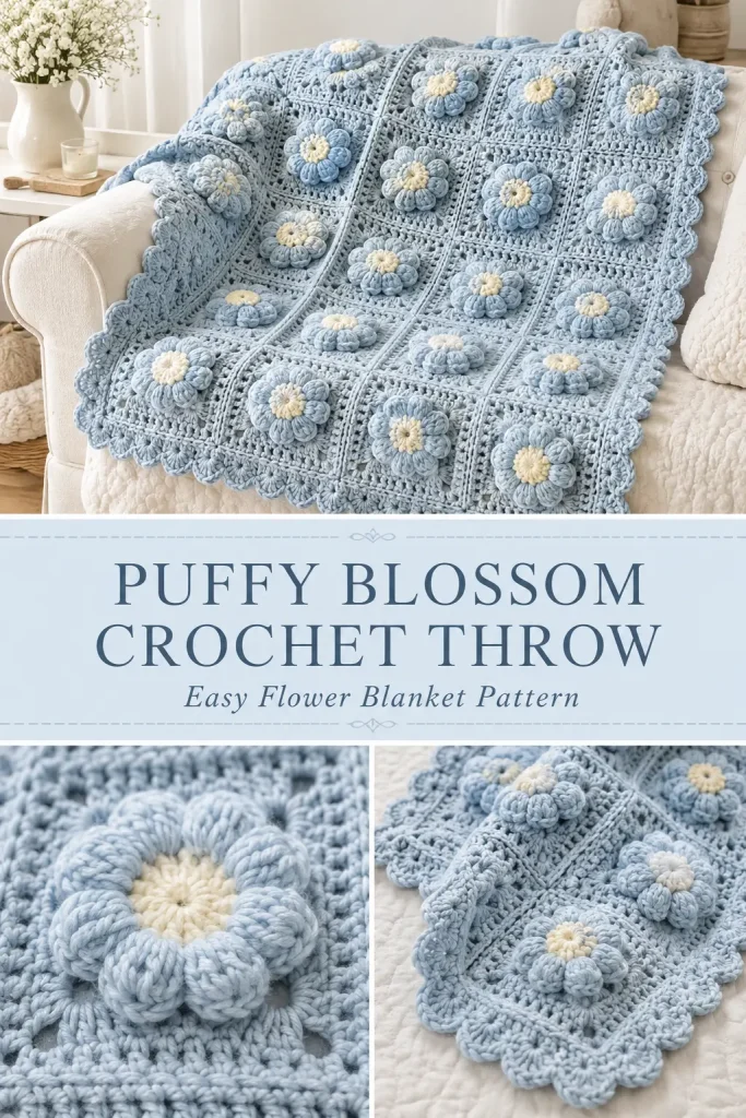 Puffy Blossom Crochet Throw Blanket Pattern
