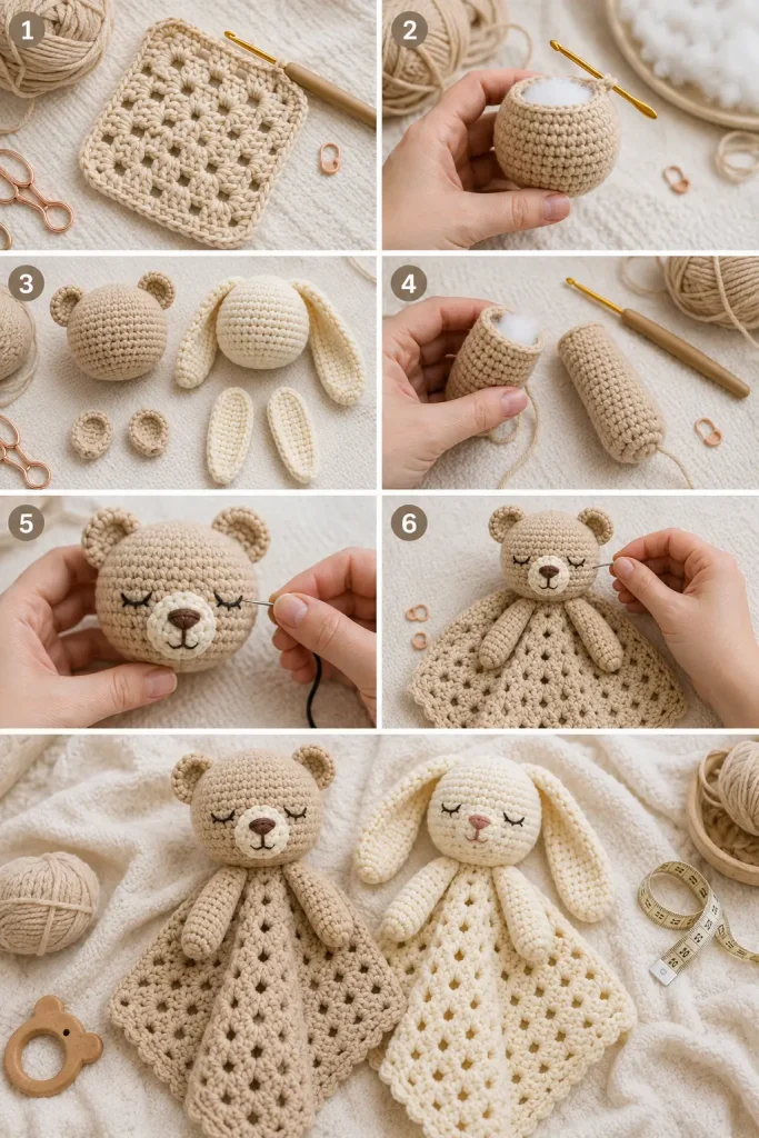 Sleepy Bear and Bunny Lovey Blanket Crochet Pattern