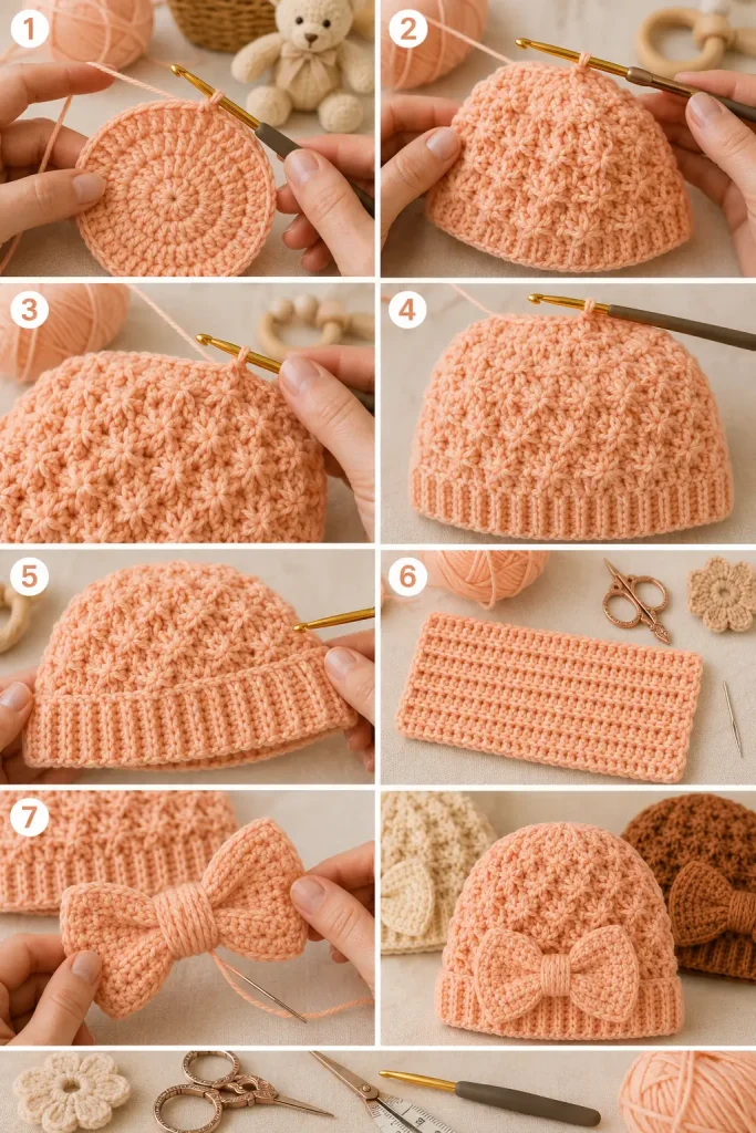 Starry Bow Baby Beanie Crochet Pattern