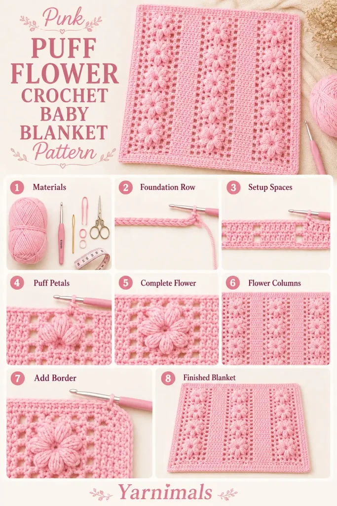 Pink Puff Flower Crochet Baby Blanket Pattern