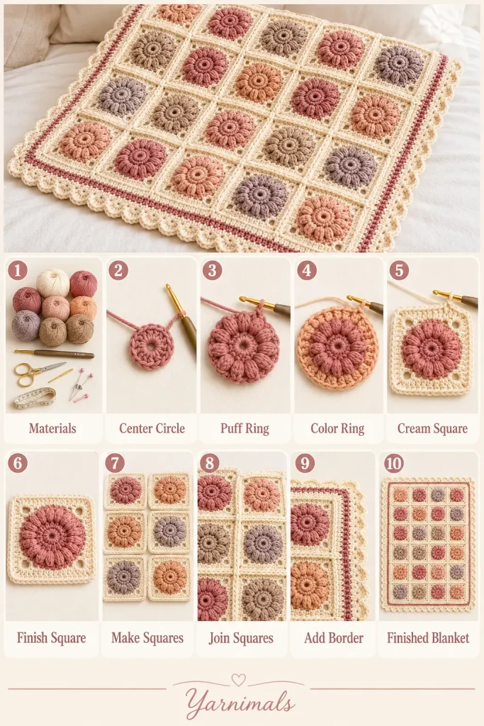 Dusty Rose Sunburst Granny Square Blanket Free Crochet Pattern