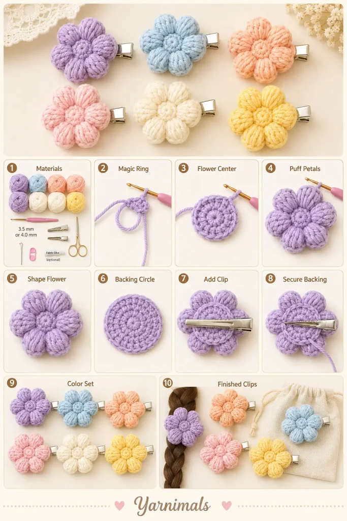 Pastel Puff Flower Hair Clip Set Free Crochet Pattern