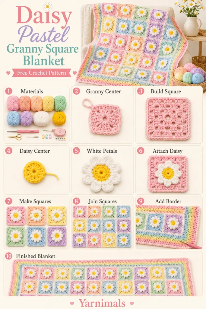 Daisy Pastel Granny Square Blanket Free Crochet Pattern