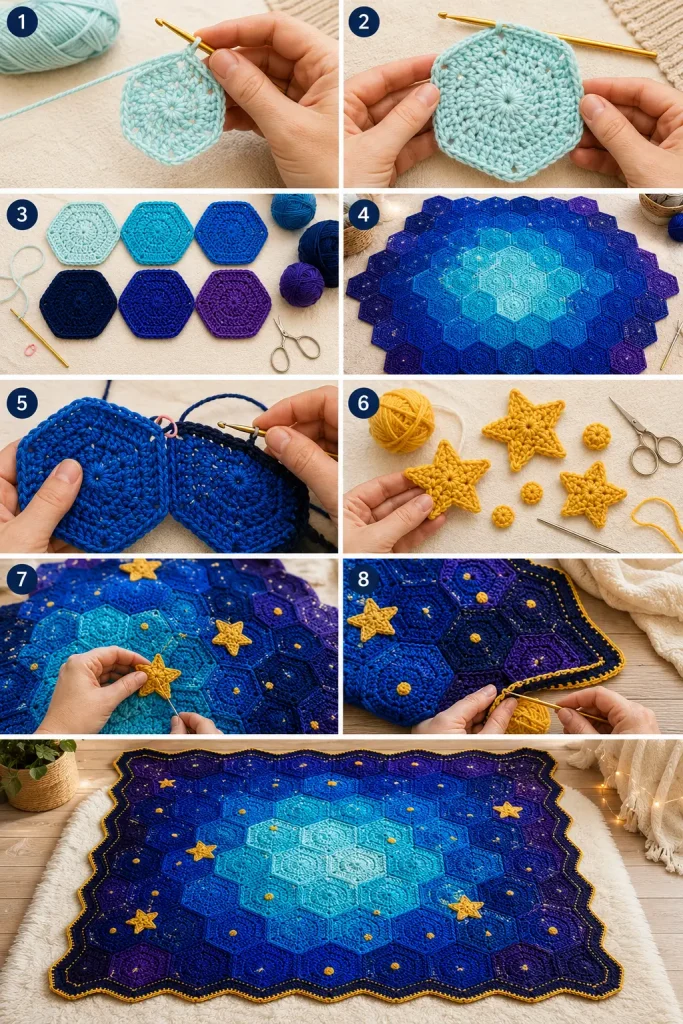 Midnight Star Hexagon Crochet Blanket Pattern