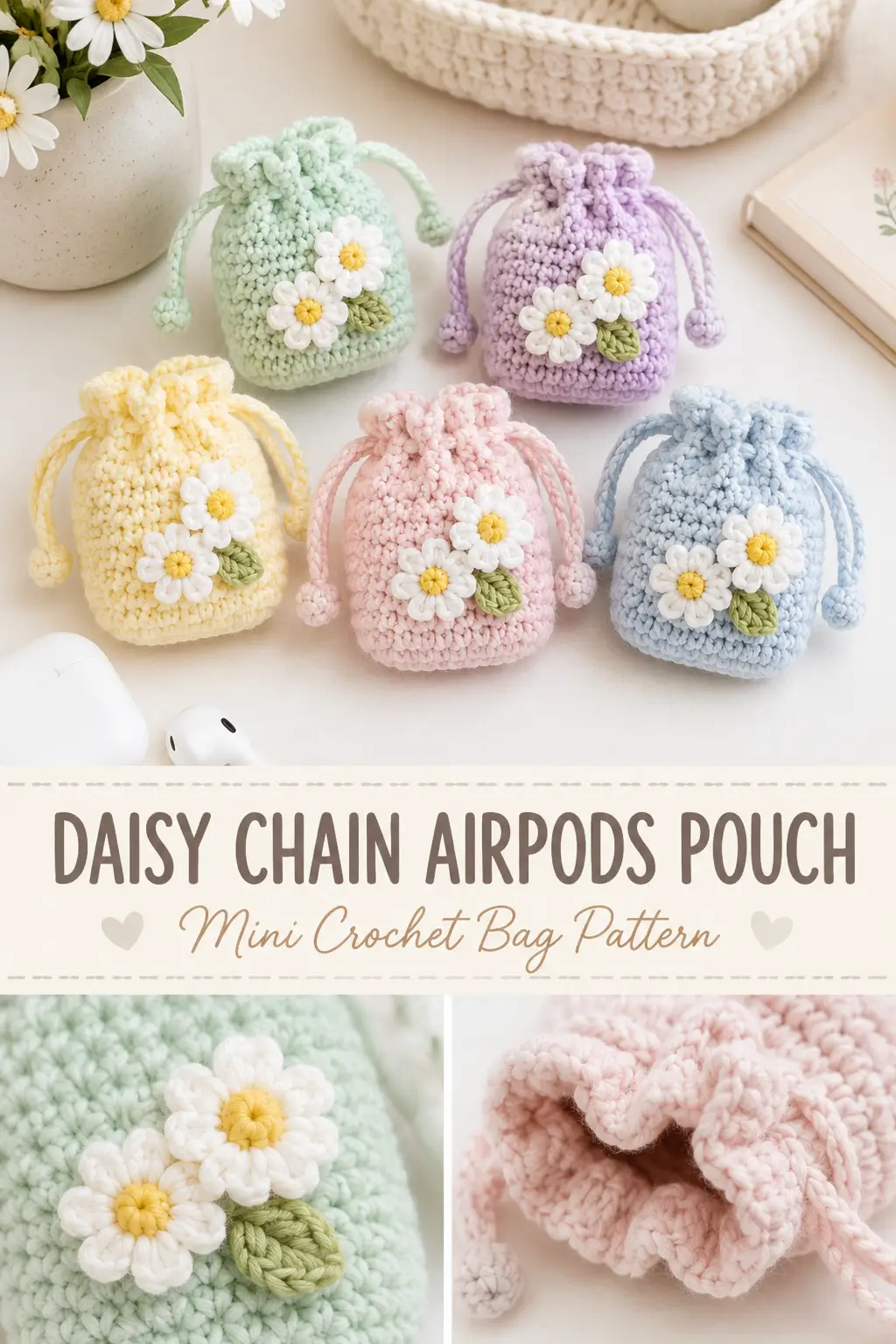 Daisy Chain AirPods Pouch Free Crochet Pattern