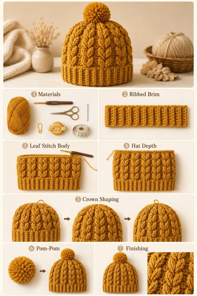 Crochet 3D Leaf Stitch Beanie Hat Free Pattern