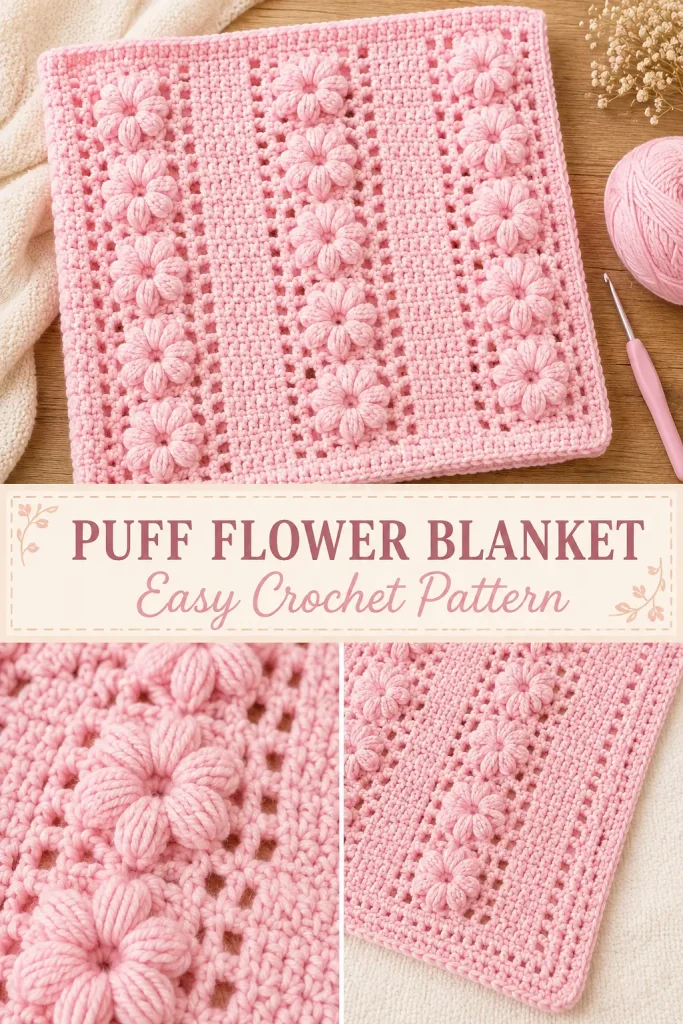 Pink Puff Flower Crochet Baby Blanket Pattern