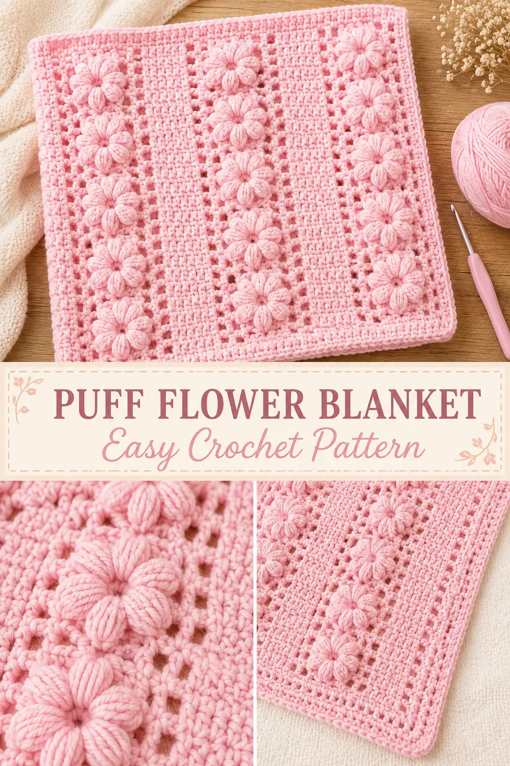 Pink Puff Flower Crochet Baby Blanket Pattern