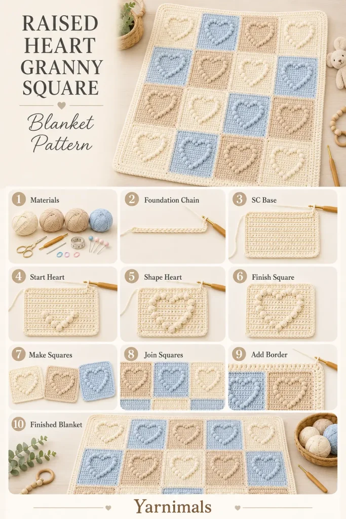 Raised Heart Granny Square Blanket Pattern