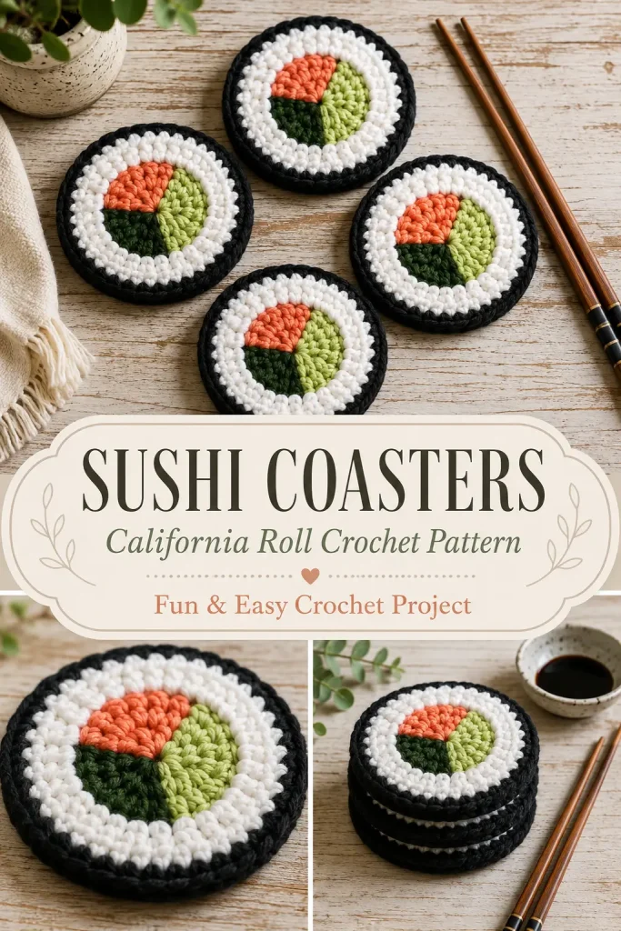 Sushi Coasters Crochet Pattern: California Roll Coaster Set