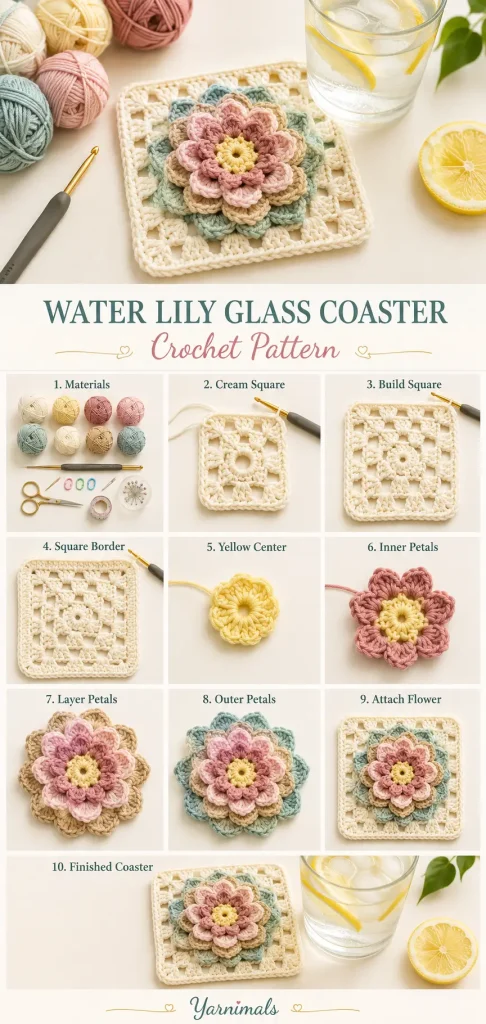 Water Lily Glass Coaster Crochet Pattern