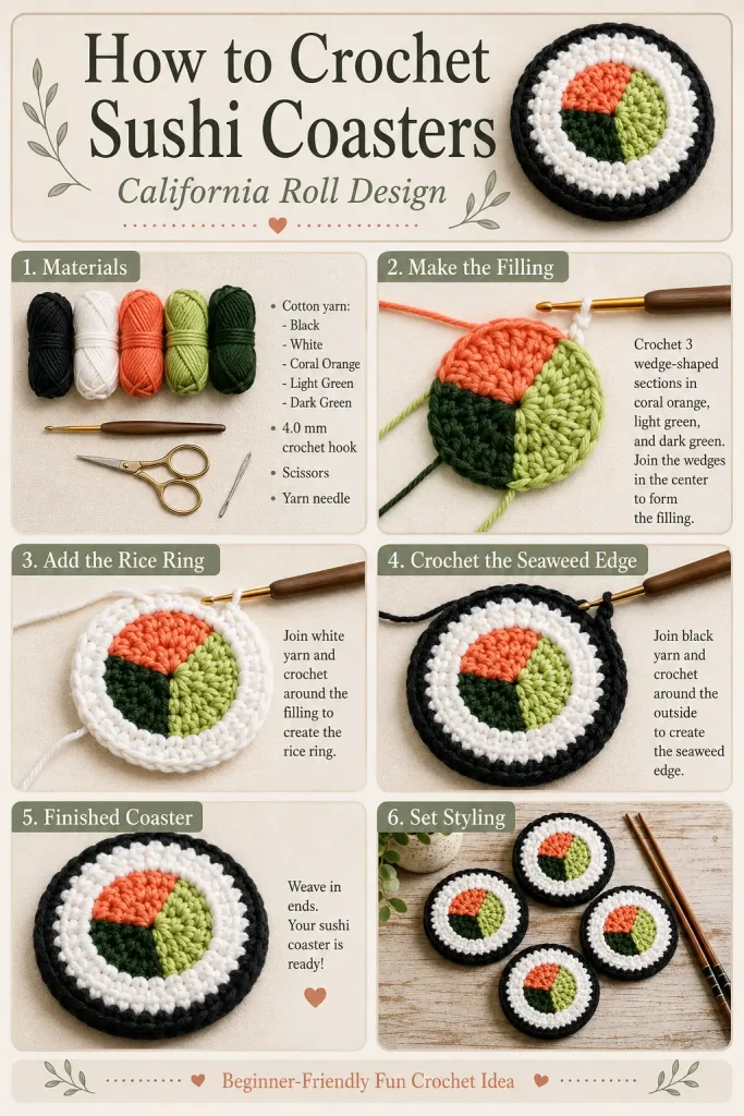 Sushi Coasters Crochet Pattern: California Roll Coaster Set