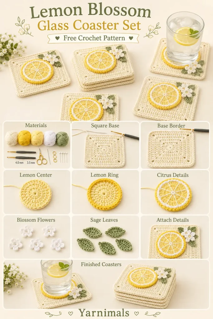 Lemon Blossom Glass Coaster Set Free Crochet Pattern