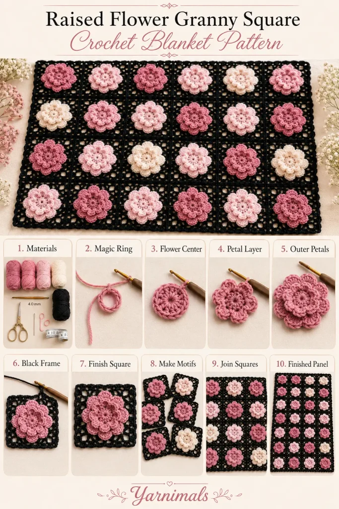 Raised Flower Granny Square Blanket Pattern