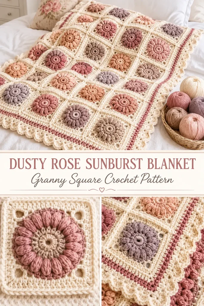 Dusty Rose Sunburst Granny Square Blanket Free Crochet Pattern