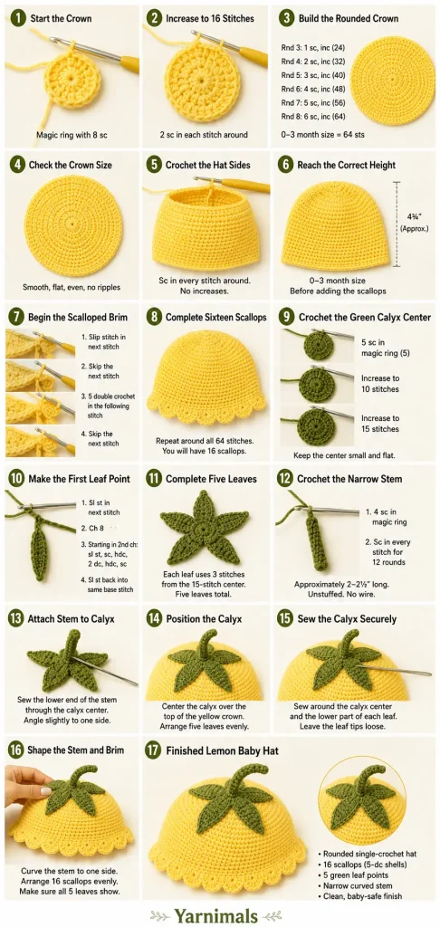 Crochet Lemon Baby Hat Pattern With Leafy Stem
