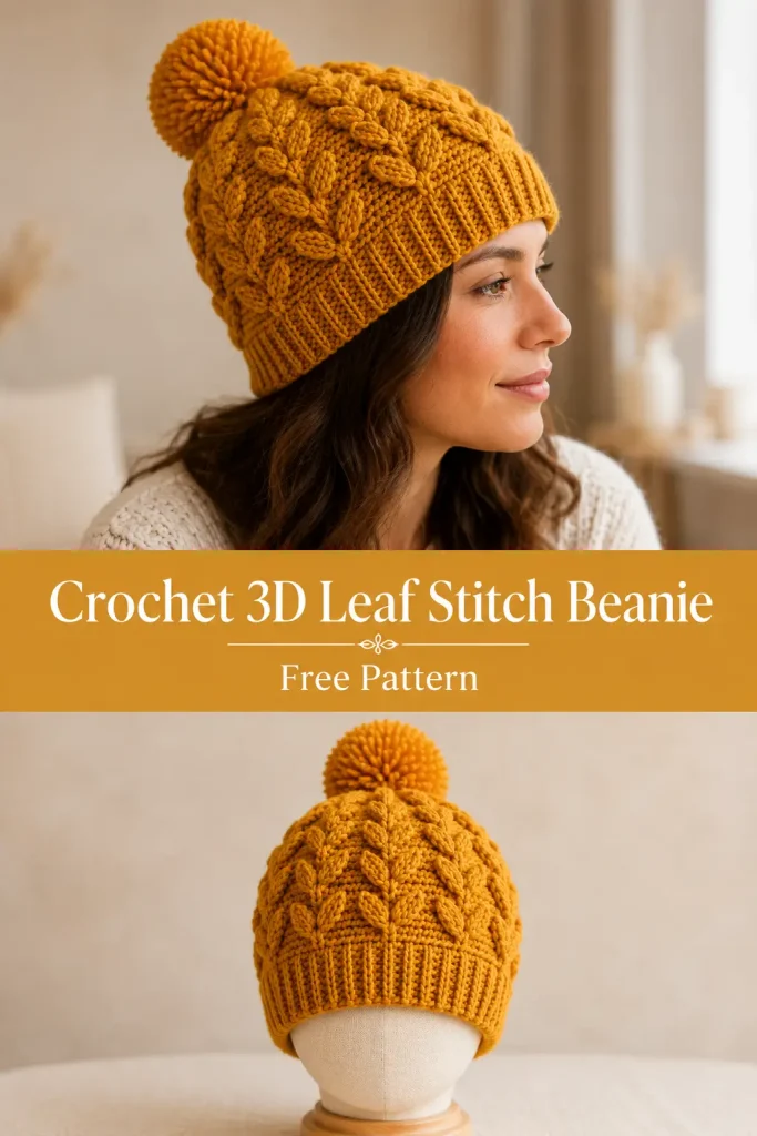 Crochet 3D Leaf Stitch Beanie Hat Free Pattern