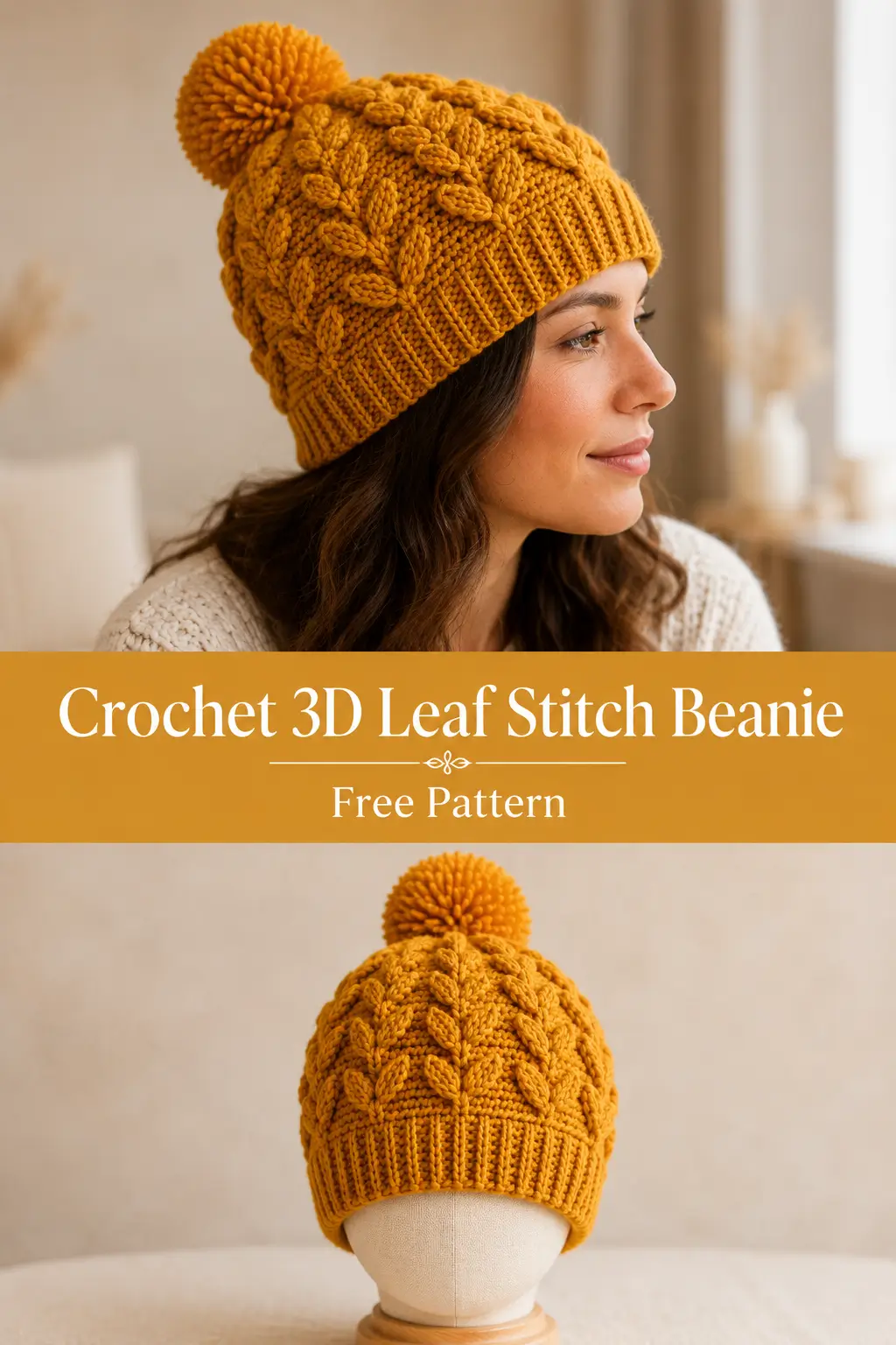 Crochet 3D Leaf Stitch Beanie Hat Free Pattern