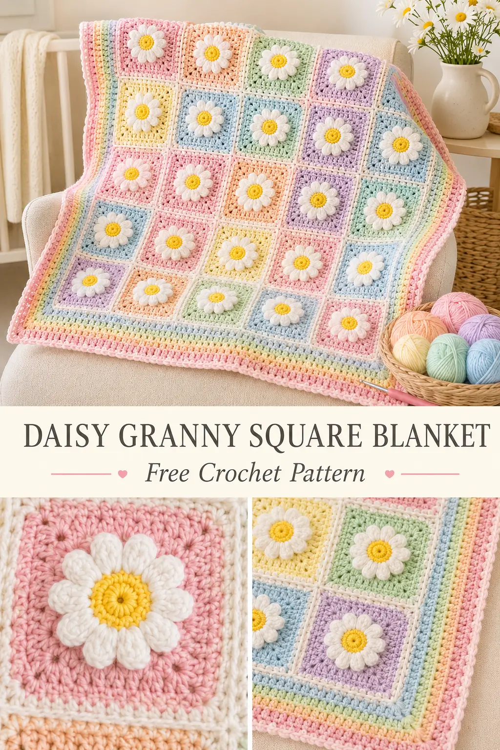 Daisy Pastel Granny Square Blanket Free Crochet Pattern