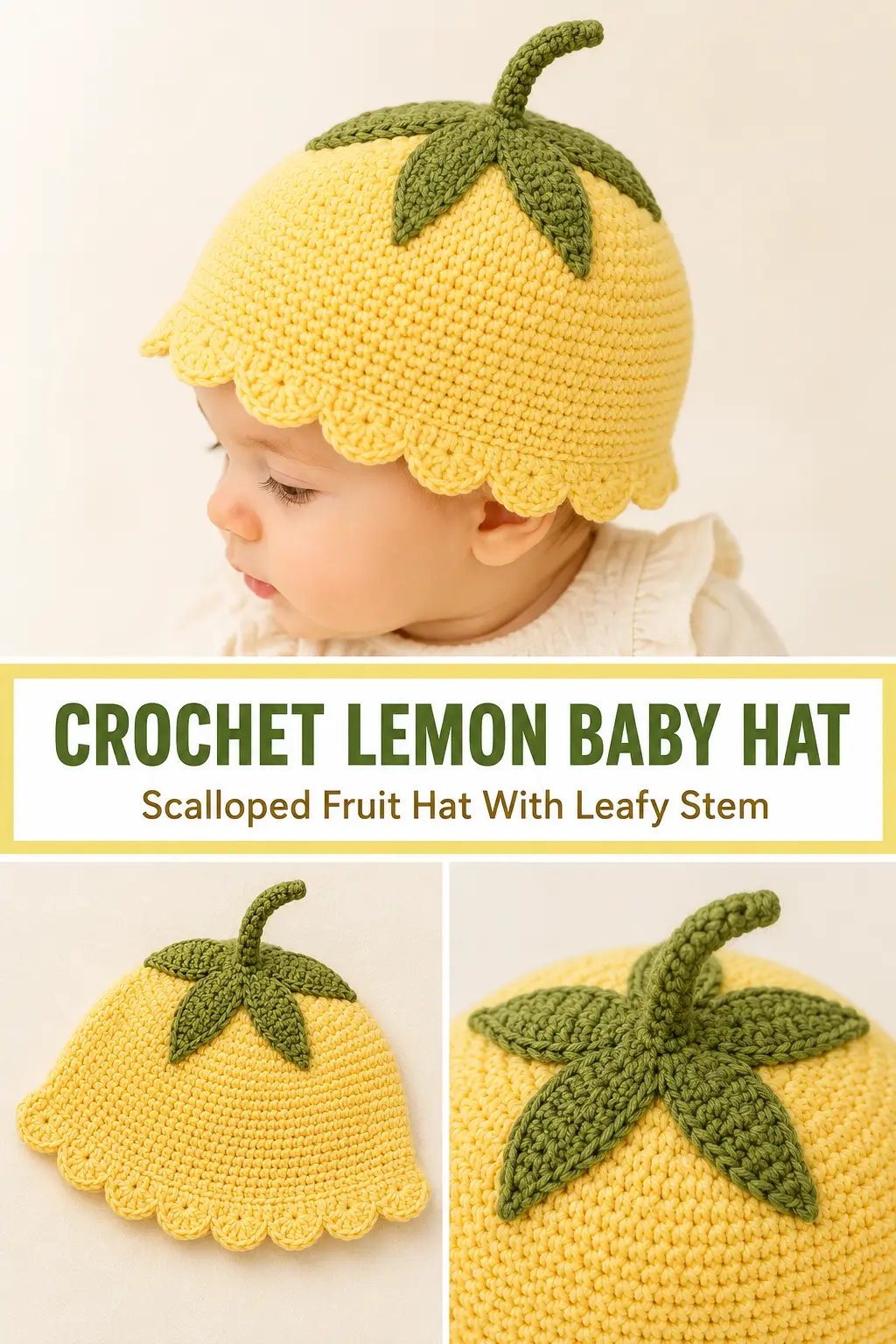 Crochet Lemon Baby Hat Pattern With Leafy Stem