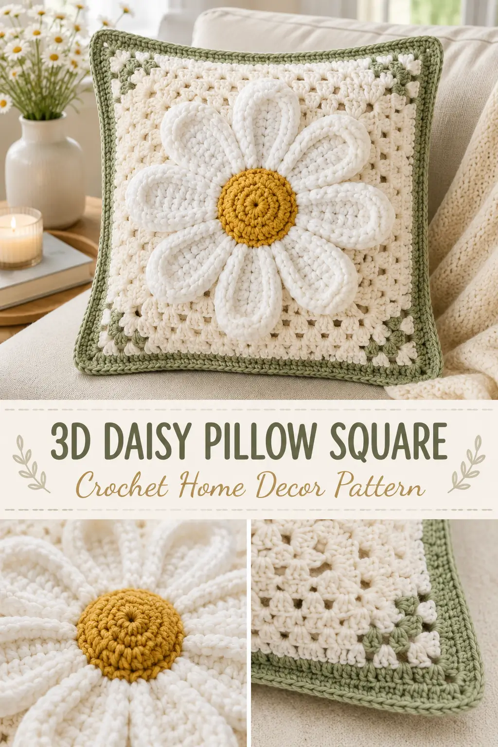 3D Daisy Pillow Square Free Crochet Pattern