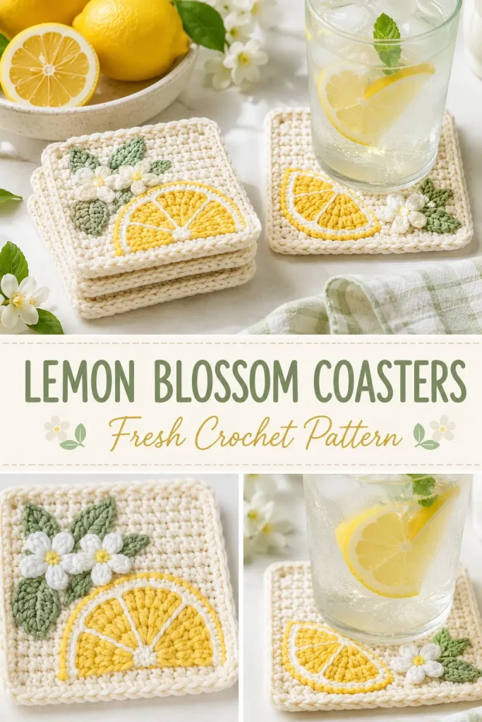 Lemon Blossom Glass Coaster Set Free Crochet Pattern