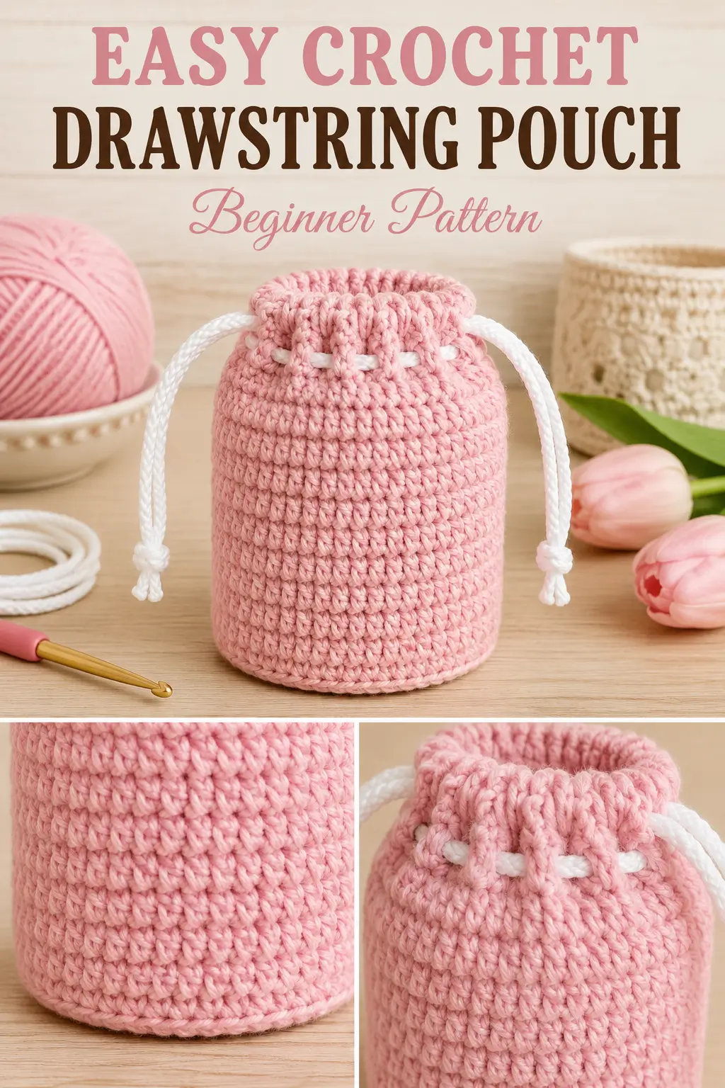 Easy Crochet Drawstring Pouch Pattern for Absolute Beginners