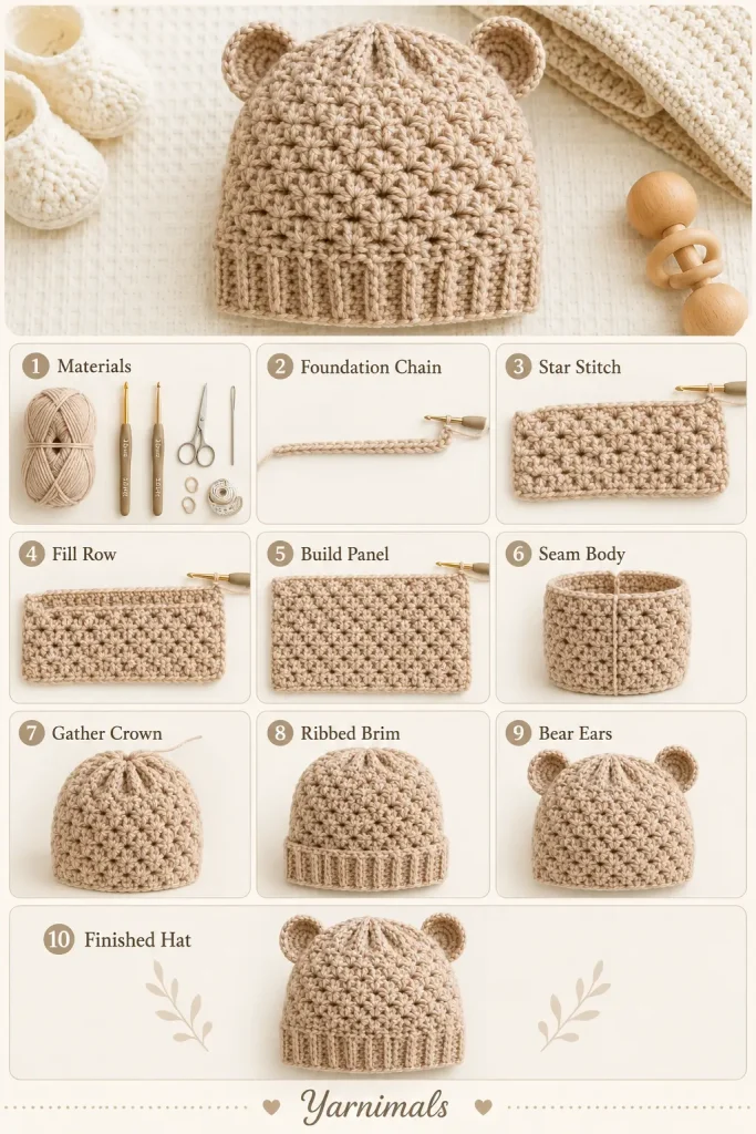 Star Stitch Baby Bear Crochet Hat Pattern